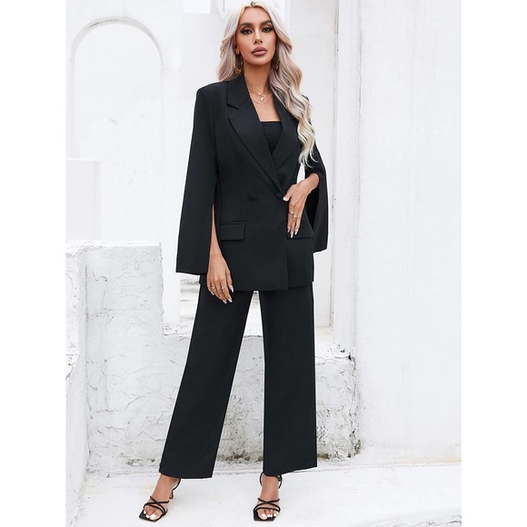2 piece pantsuit set: Cloak Sleeve slit Double Button Blazer & dress Pants - Picture 7 of 11